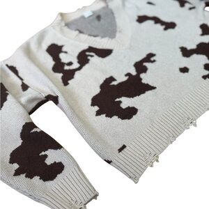 Alter’d State Women’s Cow Print Distressed Cream and Brown Sweater-Size Large